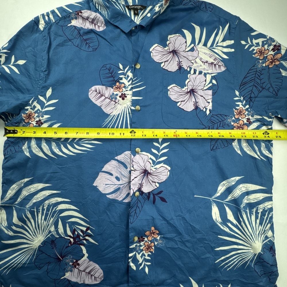 George Button Down Shirt Tropical Floral Hibiscus Print‎ XL Blue Short Sleeve - Picture 3 of 7